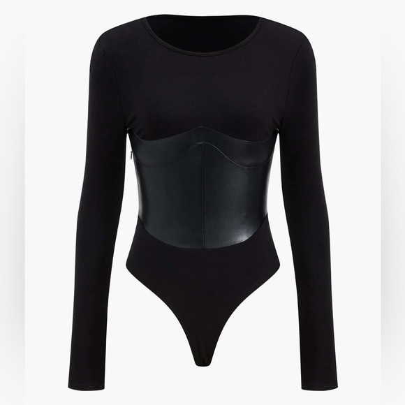 Micas Tops - Black Long Sleeve Bodysuit with Leather Corset